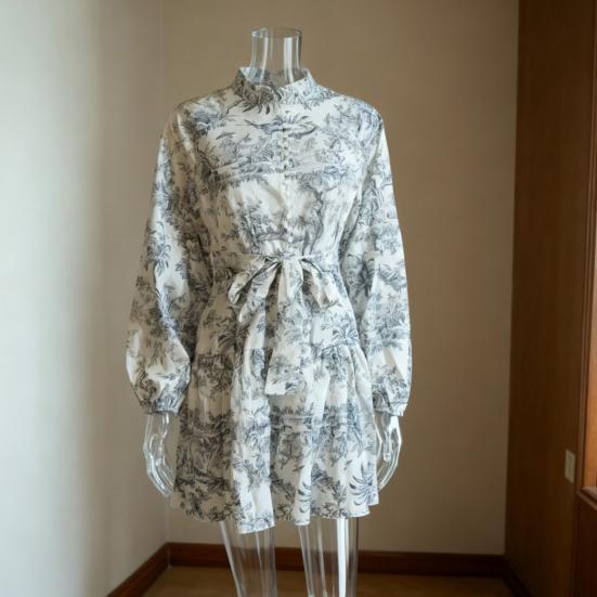 Women's Fall Floral Mini Dress Long Sleeve Button Down A-line Swing Dress Stand Collar Short Dress with Belt