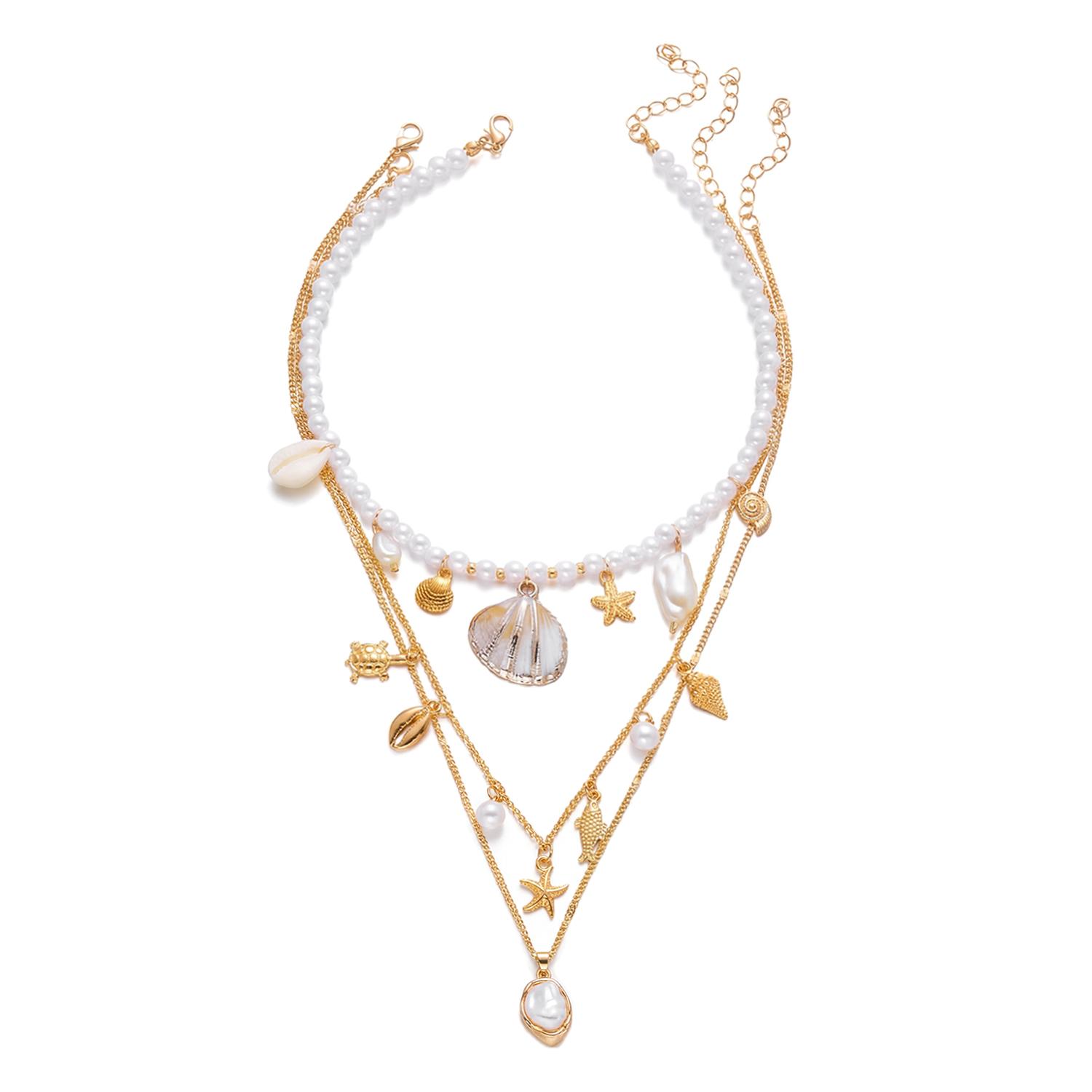 

Boho Shell Starfish Conch Simulated Pearl Necklace Set 3Pcs Summer Beach Choker For Women Vacation Jewelry