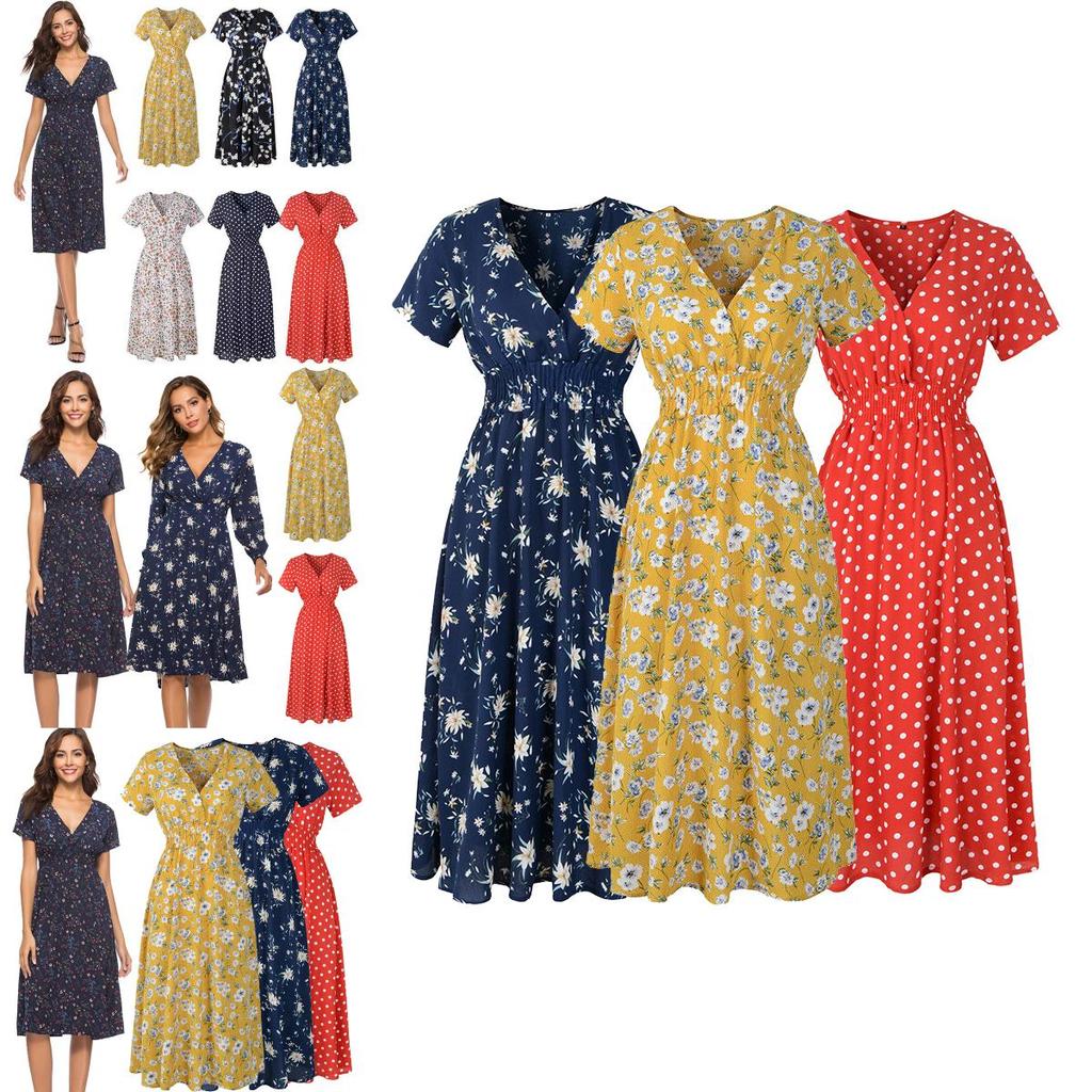 V Women Neck Boho Floral Midi Dress Short Sleeve Summer Beach Sundress Casual