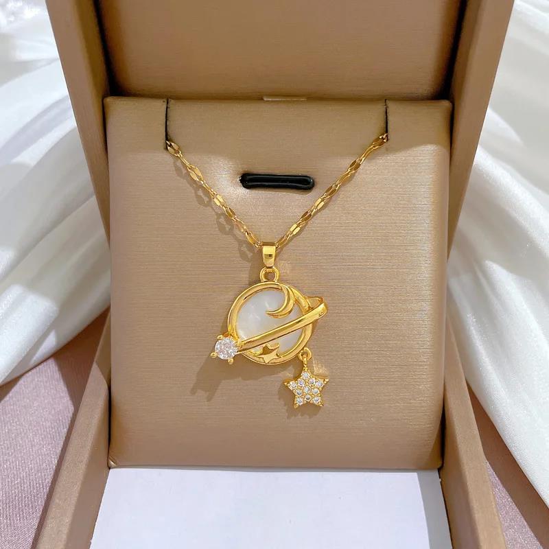 Planet Saturn Titanium Steel Chain Necklace Women's Light Luxury Transparent Crystal Sweet Cool Clavicle Neck Chain Jewelry