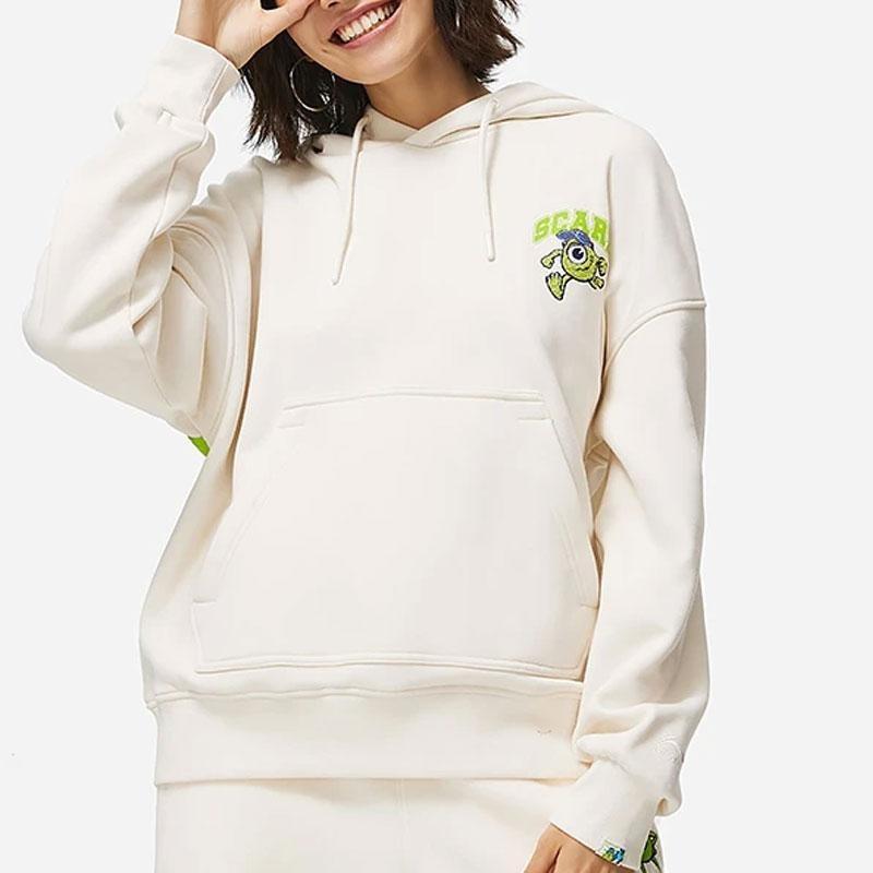 Li Ning X Disney Collaboration Monsters University Series Cartoon Print Fleece Warm Loose Pullover Hoodie Women Hoodies Off-White AWDT810-2