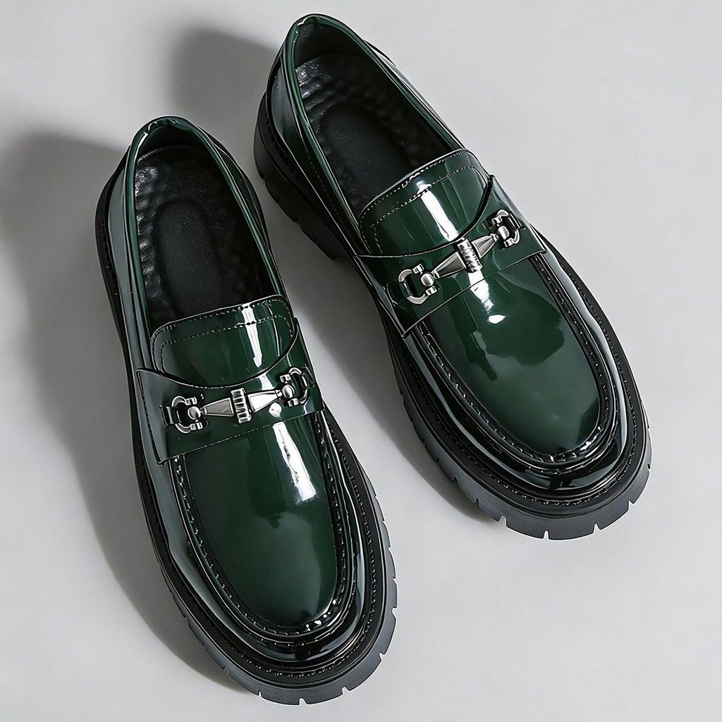 Europe Fashi Thick Sole Men's Penny Loafers Slip-On Business Dress Shoes Gentleman Glossy Buckle Formal Party Black Shoes