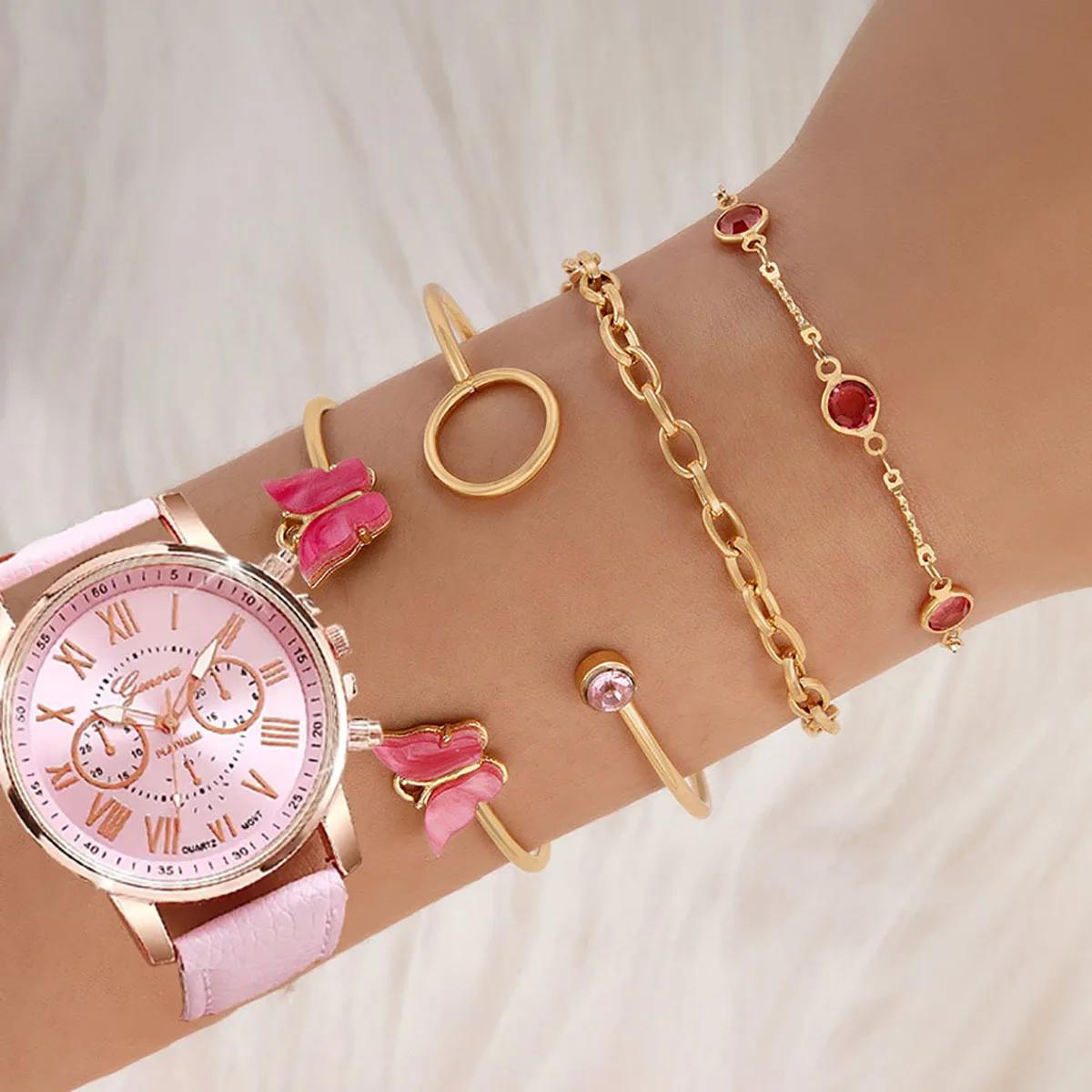 

5 шт. Модные женские часы с простым римским циферблатом, кварцевые часы, женские часы с кожаным ремешком, набор браслетов (нет коробки) розовый