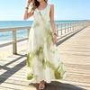 Ivory Base Olive Green Granular Ink Wash Sleeveless Maxi Dress, U-Neck A-Line Tank Long Dress For Women