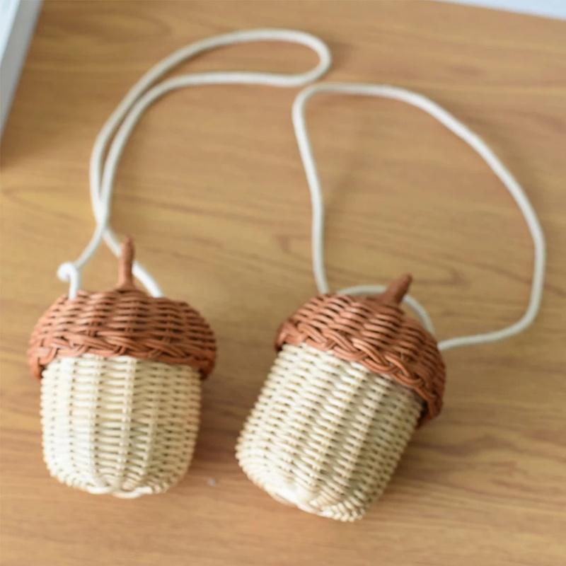 New Acorn-shaped Storage Basket Hand-woven Round Rattan Bag Bucket Tropical Beach Style Woven Shoulder Bag Po Props