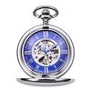 TREEWETO Mechanical Pocket Antique Blue Roman Silver Double Hunter Chain with Cover Watch, Dial, Skeleton, Numerals,