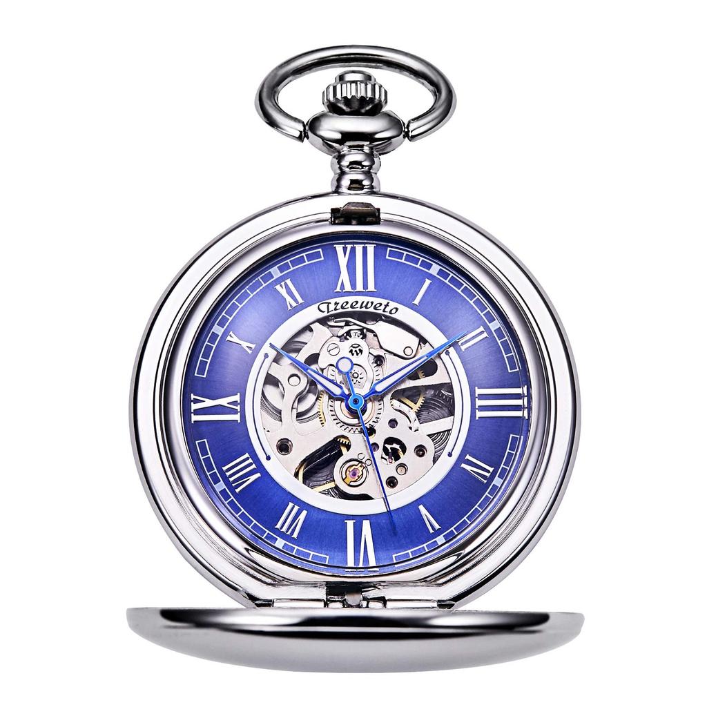 TREEWETO Mechanical Pocket Antique Blue Roman Silver Double Hunter Chain with Cover Watch, Dial, Skeleton, Numerals,