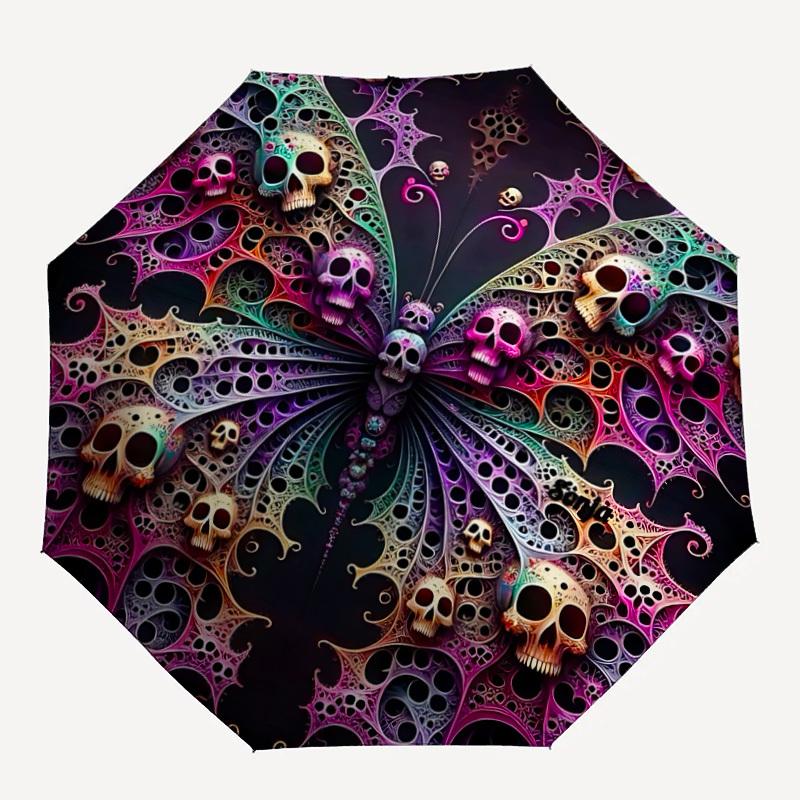 1pc Skull Butterfly Automatic Folding Umbrella, Lightweight Retractable Compact Travel Umbrella, 8-Rib Sturdy Frame039