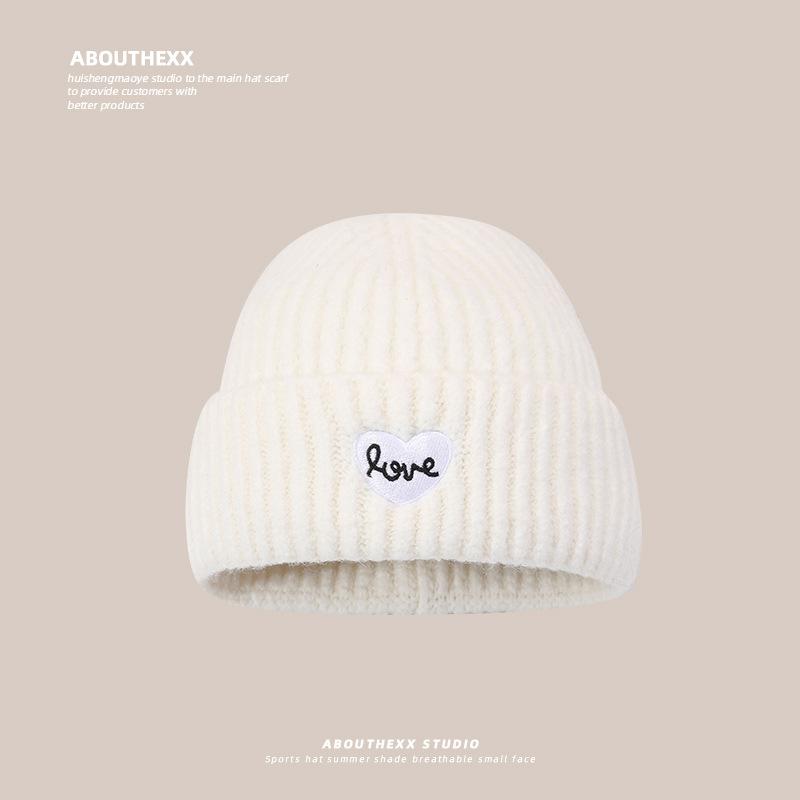 Love Embroidered Woolen Hat for Women Autumn and Winter New Style Large Head Circumference Knitted Hat Large Version Warm Ear Protection Cold Hat