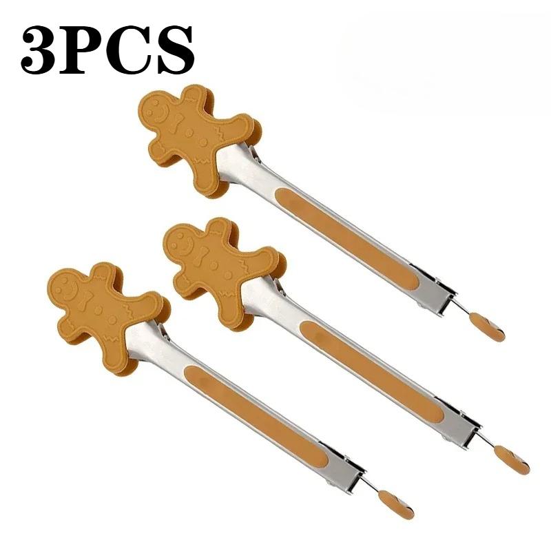 1-10PCS Christmas Silicone Stainless Steel Food Tongs High-Temperature Resistant Non-Stick BBQ Steak Grill Tongs for Home Use