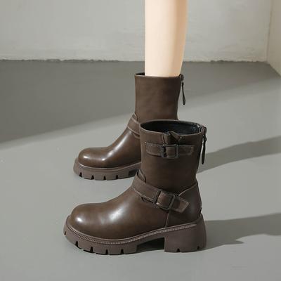 Neue Frühlings- und Herbstschuhe aus weichem Leder mit weicher Sohle, Mutter-Schuhe mit runder Spitze, rutschfest, bequem, mit dickem Absatz, mittlerem Absatz, Reißverschluss hinten, Ritterstiefel