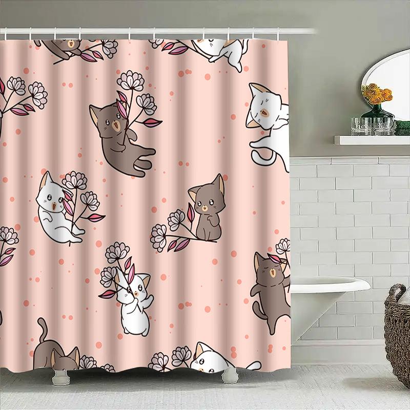 Kawaii Cats Shower Curtain Pink Floral Print Home Decor Waterproof Fabric Bathroom Shower Curtains For Kids Girls Gift