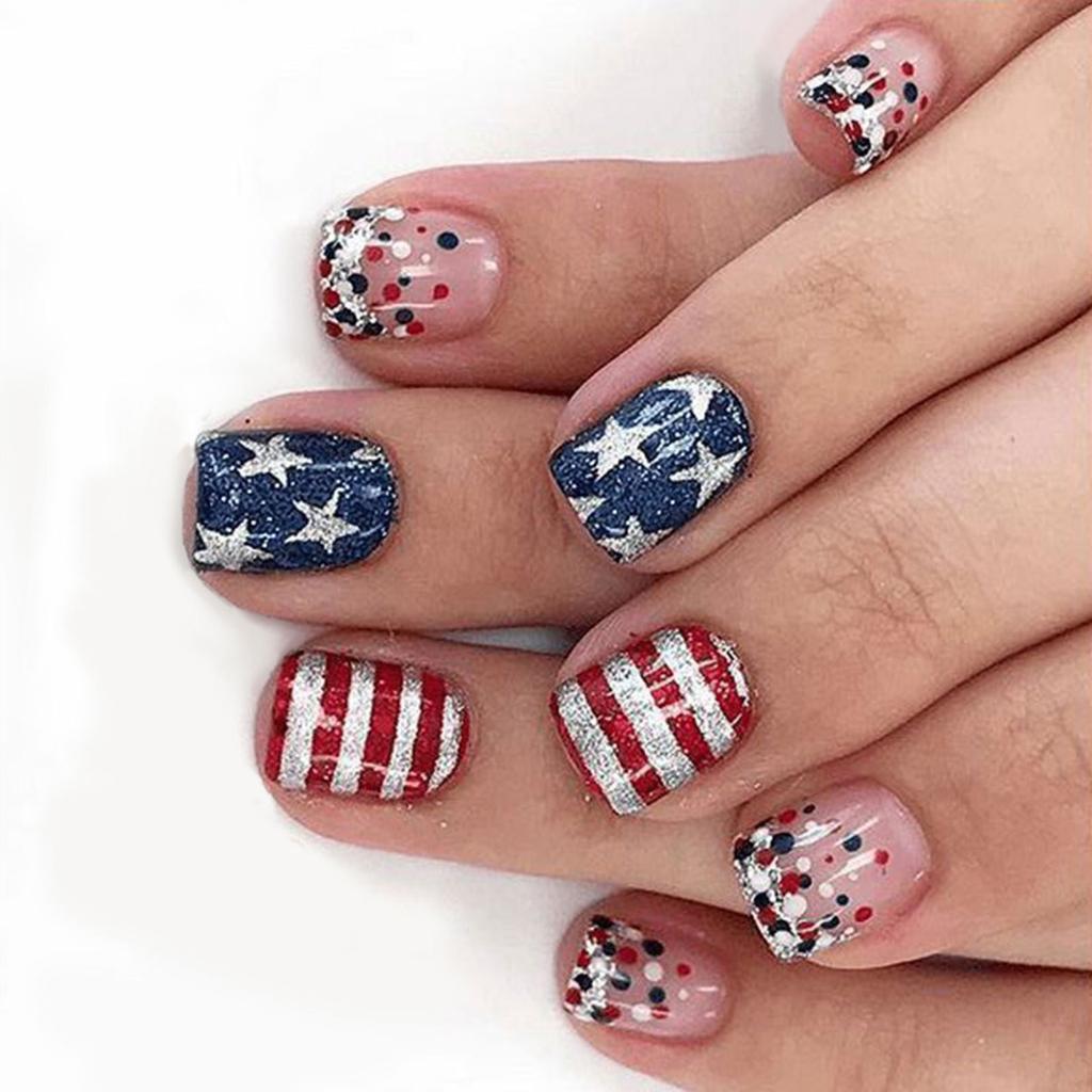 24Pcs Press On Nail Short Square False Nail Manicure Nail Decoration Full Cover Acrylic Nail for Independence Day