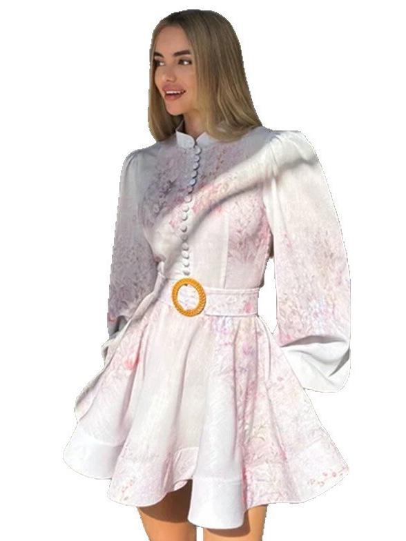 Women's Sweet Style Long Sleeve Print Button-Down Mini Dress, 2025 Summer Collection