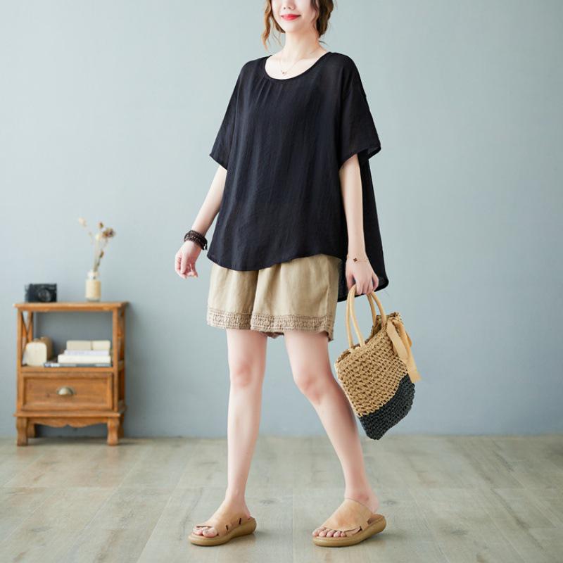 2022 Summer Plus Size Cotton Linen Casual Loose Slimming Short Sleeve T-Shirt for Women