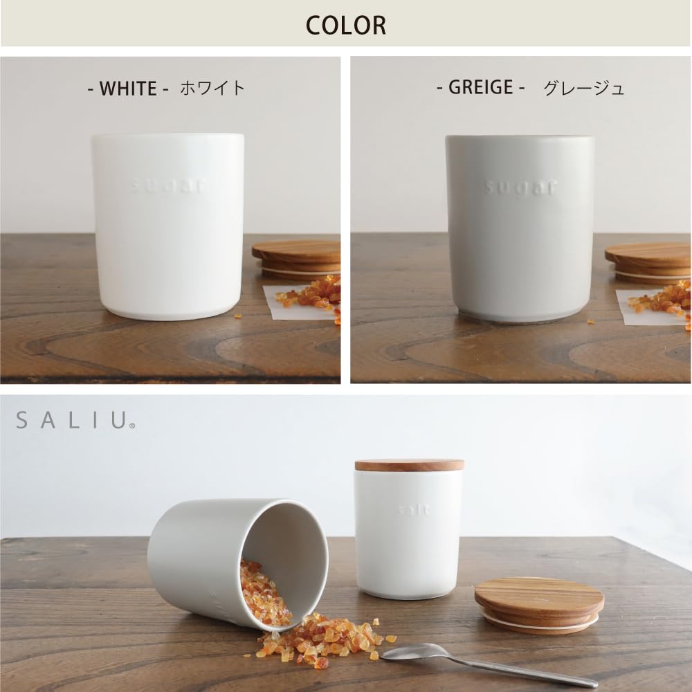 LOLO Vorratsbehälter Greige Grau 500ml Dose Keramik Hergestellt in Japan Teak Konvexes Dosen-Set Salz Zucker (Weißes Set)