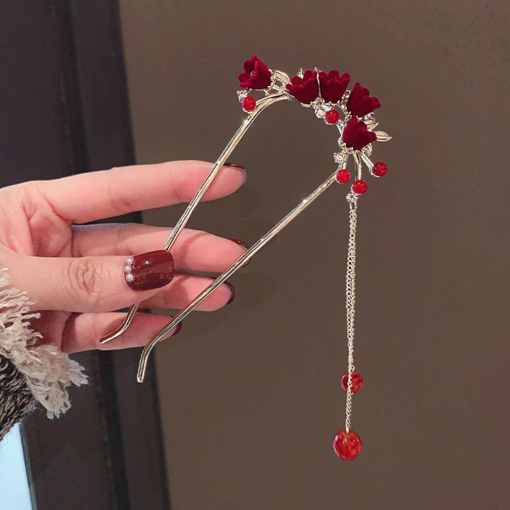1pc Ancient Style New Year Red Flower Tassel U-shaped Hairpin Women High-end Flocked Alloy Hairpin Elegant Hanfu Headwear