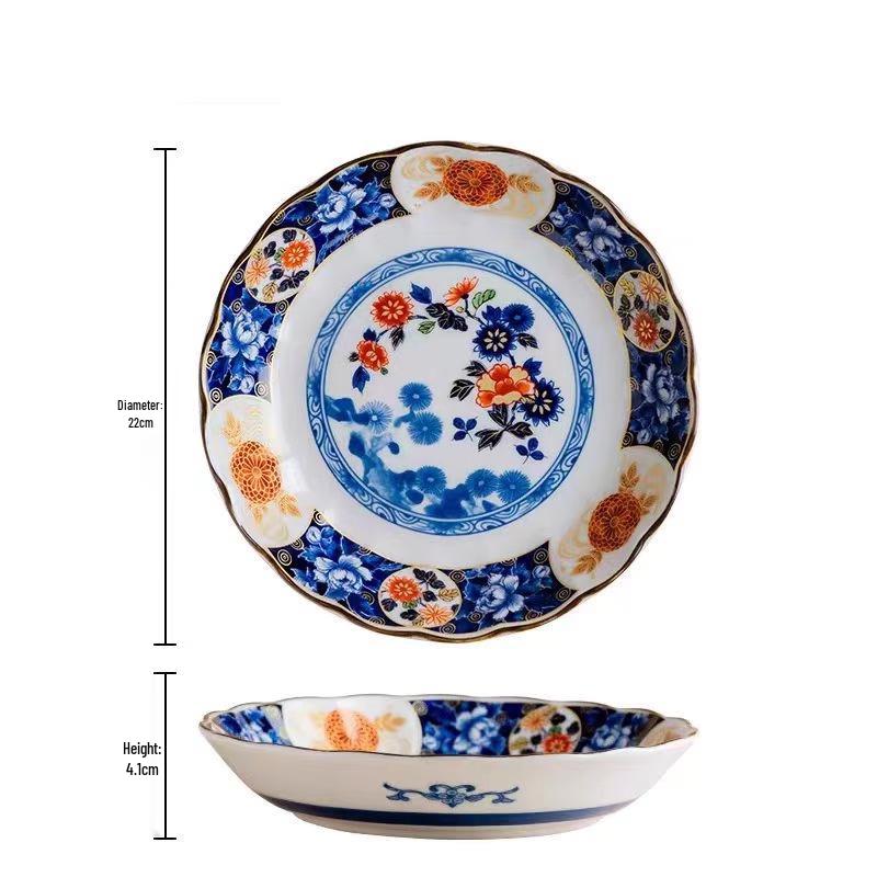 Тарелка с сине-белым цветочным узором и хризантемами от печи Аритани, стиль Ко-Имари