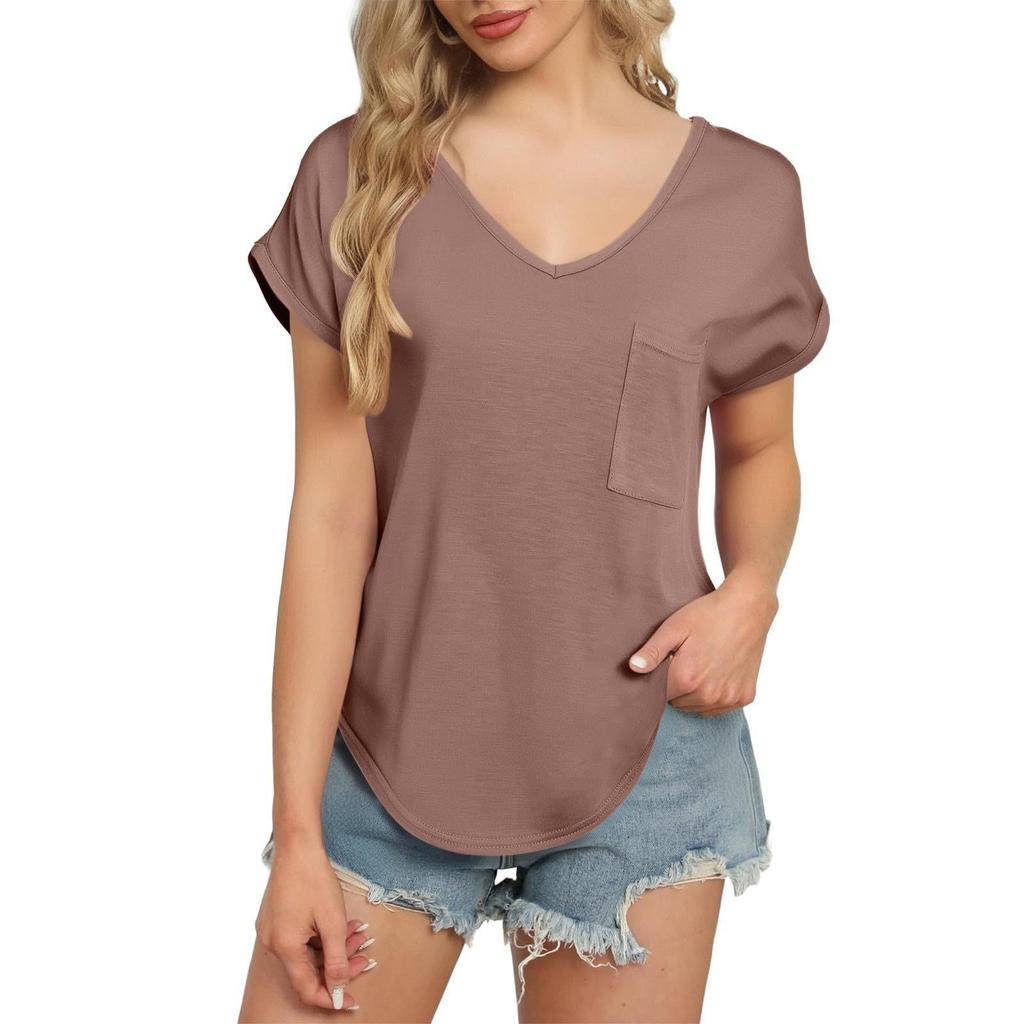 Women's Shirt Solid Color V-neck Short-sleeved Waist Top Light Breathable Cool Beach Vacation T-shirt