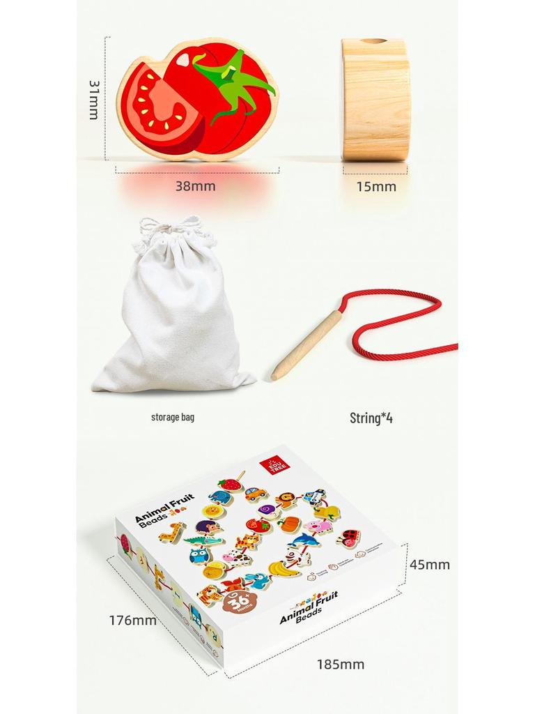 Wooden Animal & Fruit Beaded Blocks Educational Toy for 3-Year-Olds