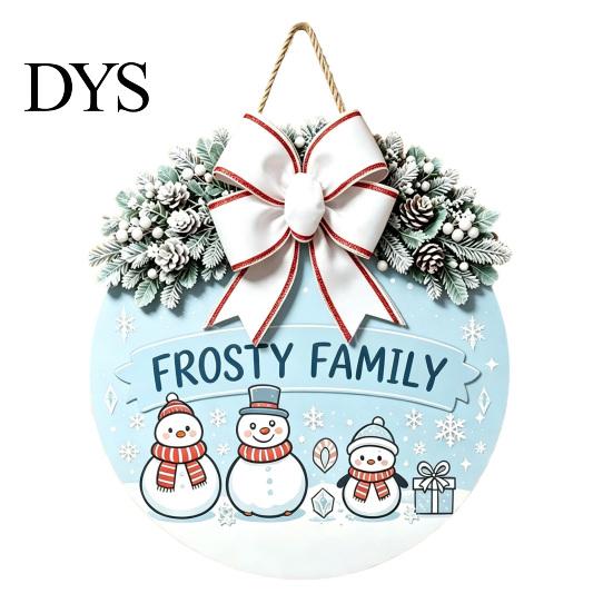 Winter Atmosphere Decor Christmas Wooden Welcome Sign for Front Door, Round Hanging Ornament with Santa Claus Snowman Art Artificial Pine Branches