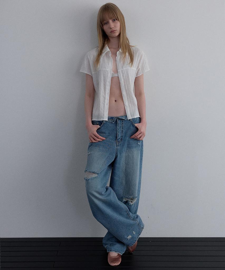 Unessin Sheer Cap Sleeve Shirt_Ivory
