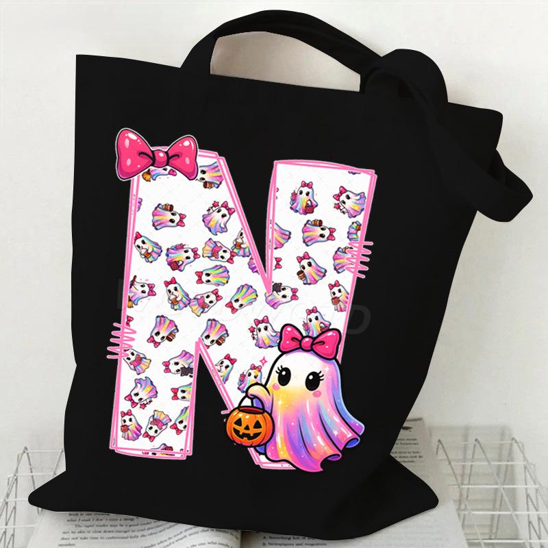 Halloween personalized print student canvas bag tutoring bag 26 letters fashion shoulder bag women large capacity
