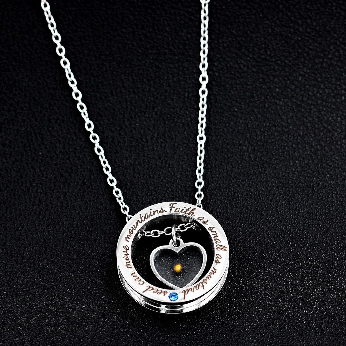 Round Ring Engraved Letters Love Mustard Seed Faith Pendant Necklace 60CM