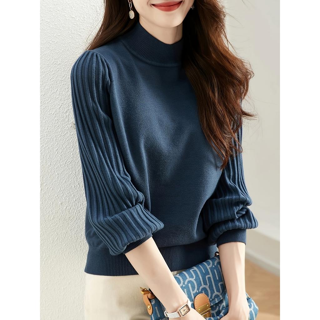 Základní tričko s polovičním vysokým límcem, lehce luxusní a stylové, zeštíhlující na podzim a zimu, všestranné, ležérní, žebrovaný proužek, pulovr s dlouhým rukávem