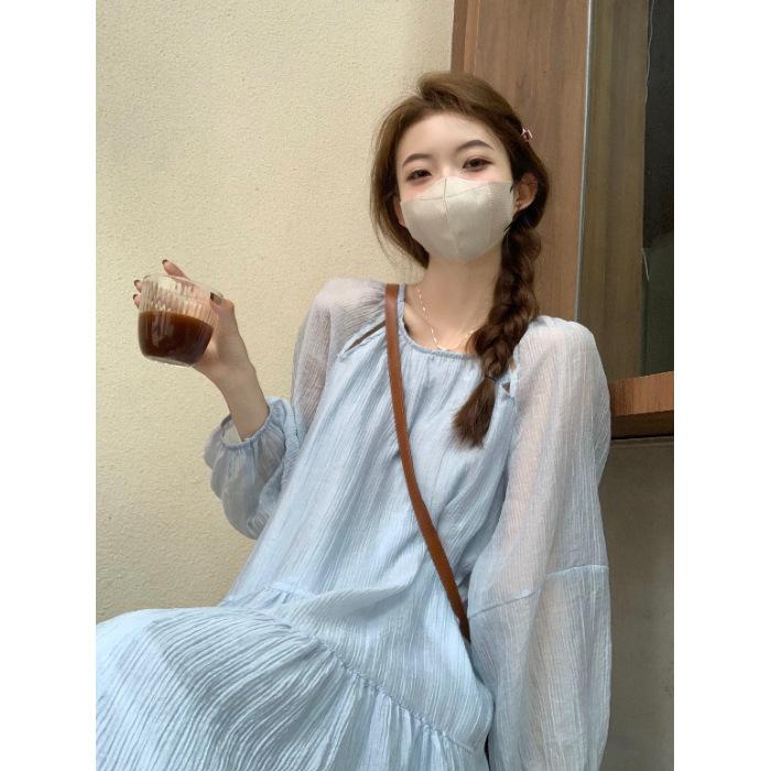 

[Original fabric + inner lining] Lazy wind glacier blue lantern sleeve dress women s autumn loose irregular long S