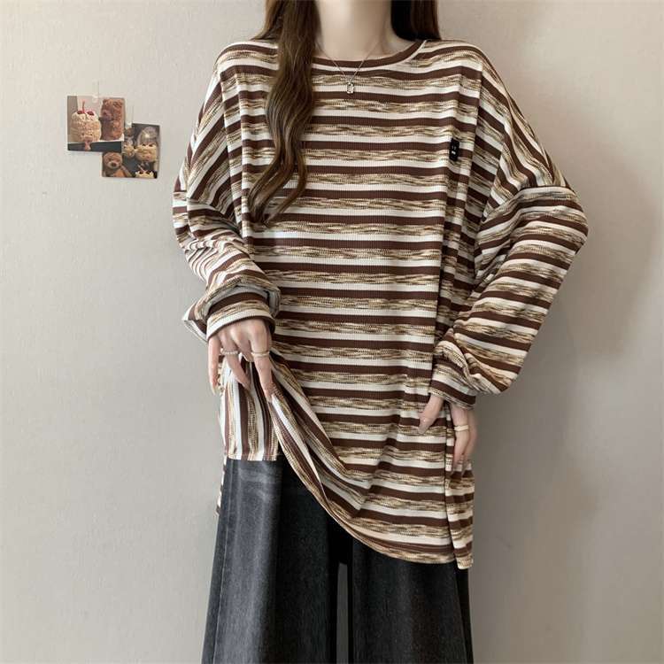 Plus Size Women Spring Autumn Long Sleeve T-shirts Vintage Striped Loose Casual Tops Oversized Crew Neck Tshirts