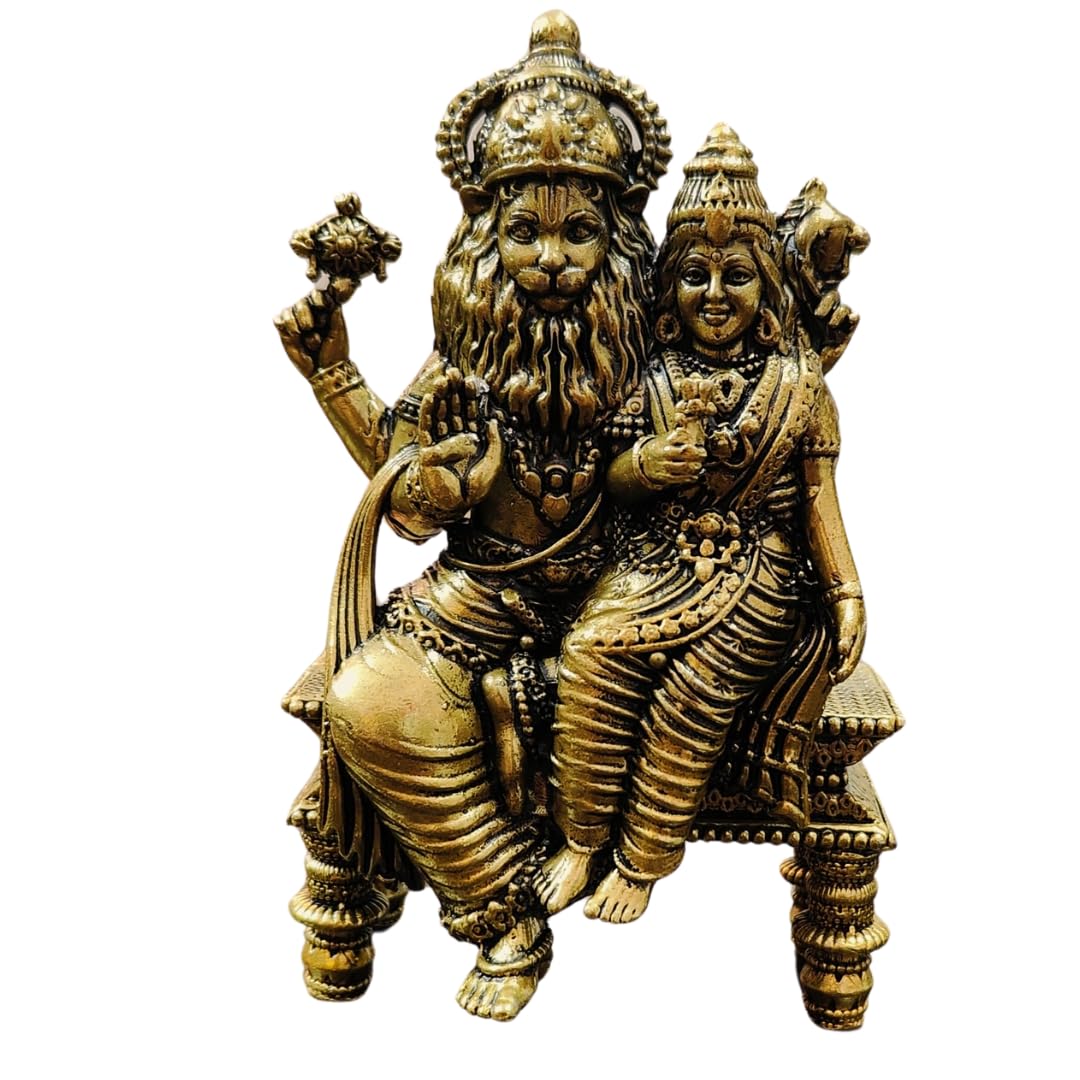 Narsingh Laxmi Brass Idol, Handcrafted Hindu God Statue, Brass, Gold - 4.5 Inch