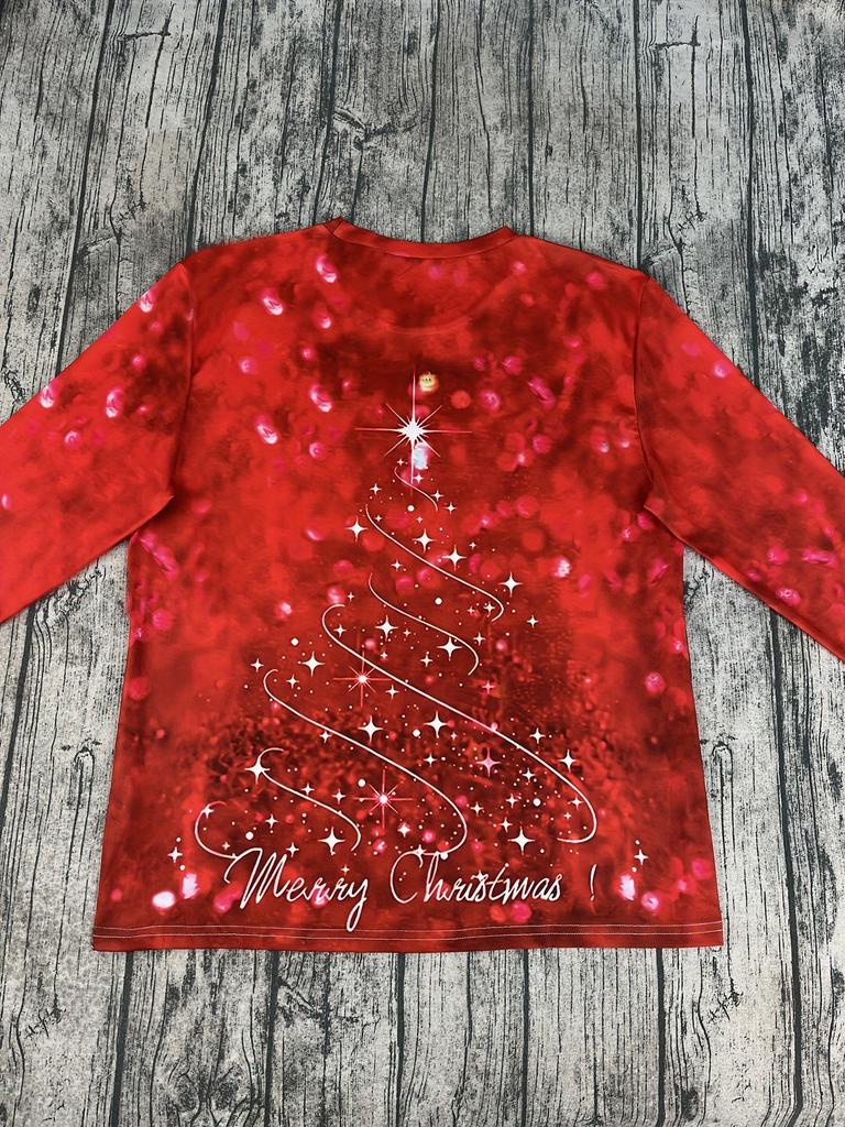 Women's Christmas Tree Printed T-Shirt - Elegant and Casual Round Neck Long Sleeve Top,