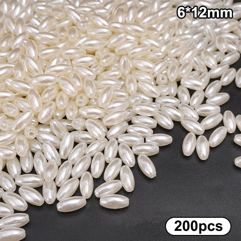 200Pcs Long Oval Abs Imitation Pearl Beads White Plastic Loose Spacer For Diy Jewelry Bracelets Necklaces Crafts Making Wedding