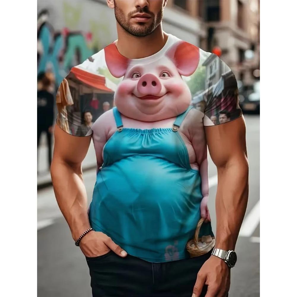 Men's T-Shirt Cartoon Style Animals Pig Cat Graphic 3D Printed T-Shirt Casual Short Sleeved Tee Outdoor Loose Men Clothing Tops