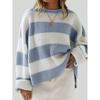 Women's Blue and White Stripe Loose Fit Long Sleeve Crew Neck Sweater