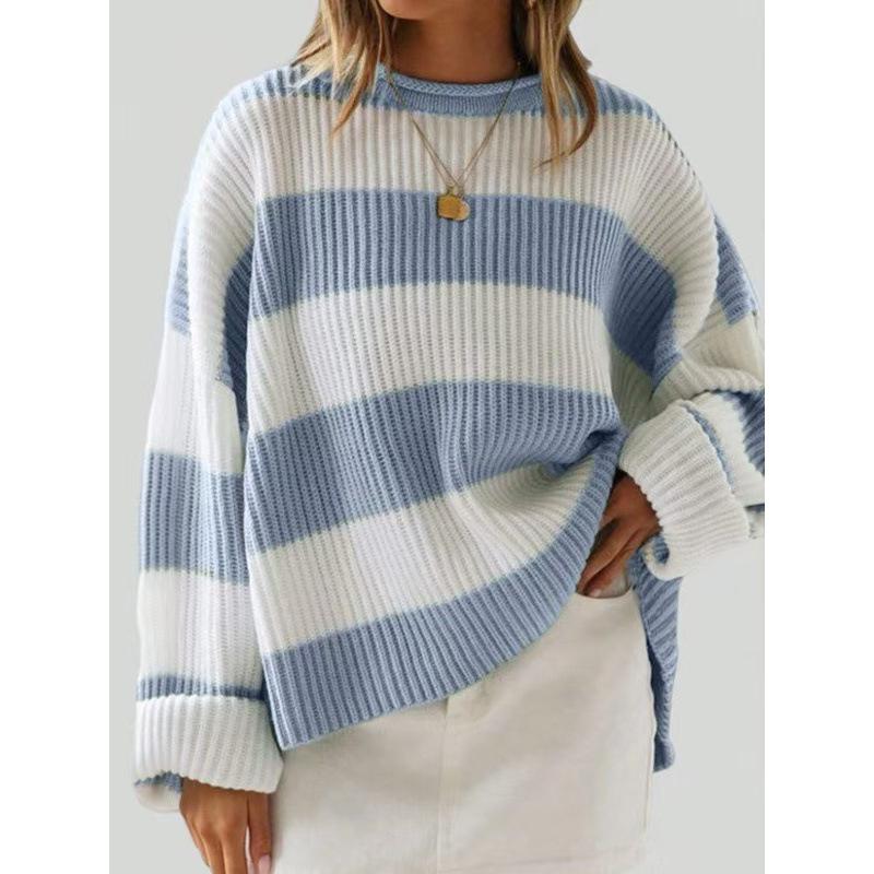 Women's Blue and White Stripe Loose Fit Long Sleeve Crew Neck Sweater
