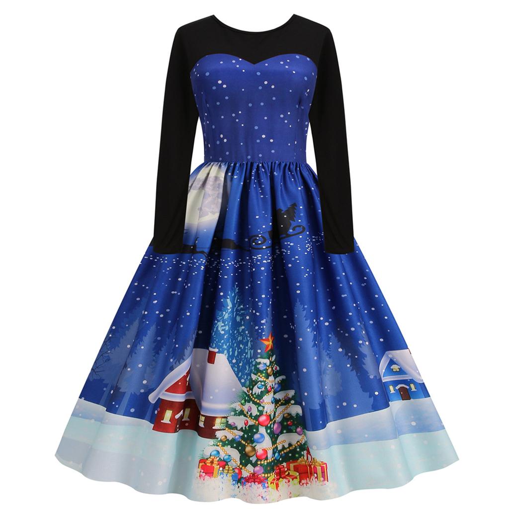 Vintage 1950s Christmas Dress for Women Retro Santa Print Long Sleeve Party Dresses for Women 2024