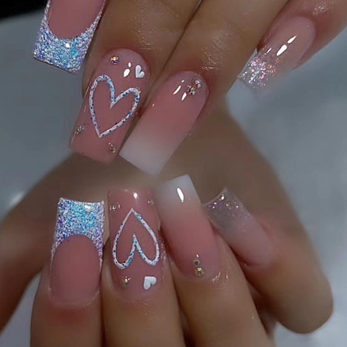 Nail Art Wear Nail Medium And Long Square Explosive French Nail Art Sweet Love White Gradually Changing Nails