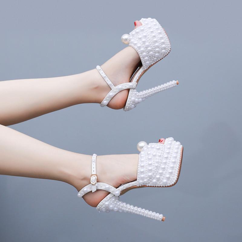 Luxury Full Pearls Beaded Peep toe Women Gladiator Sandals Summer Platform Wedges 14cm High heels Wedding Party Shoes