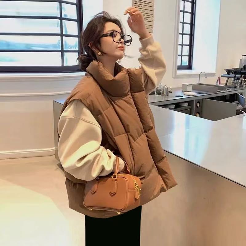

Stand-up collar down cotton vest jacket women s autumn and winter fashion casual loose solid color down cotton jacket vest vest XL хаки