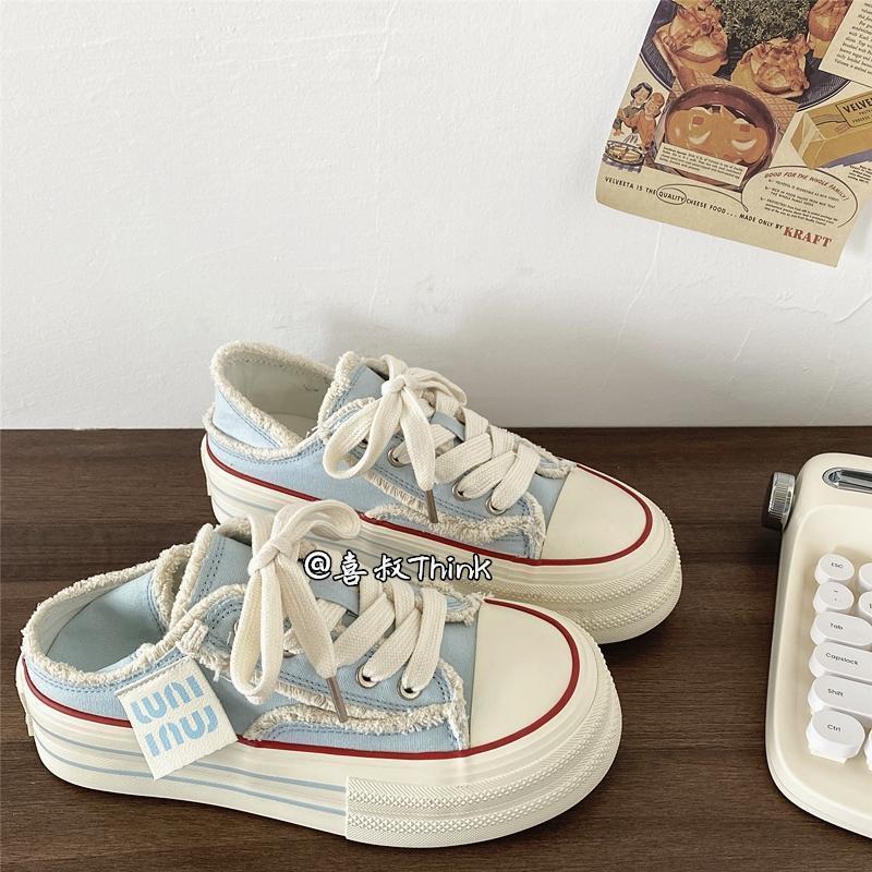 

Женская парусиновая обувь на толстой подошве тонкая и дышащая, а также на толстой подошве, два варианта носки, один педальный, белая обувь, повседневная обувь для скейтборда. 40 синий