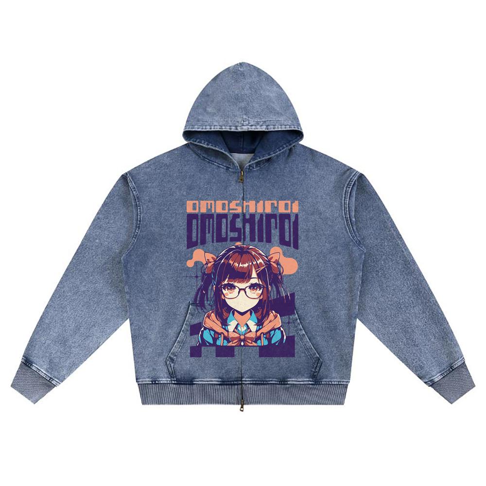 DTG Print Knitted Denim Zip-Up Hoodie Omoshiroi Retro Japanese Anime Brother Print Zipper Hoodies  