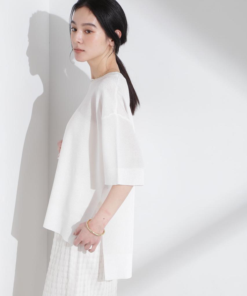 Nano Universe Aurora Sheer Smooth Knit F Lamé T-Shirt, Women's, 030, White, 669-5122312