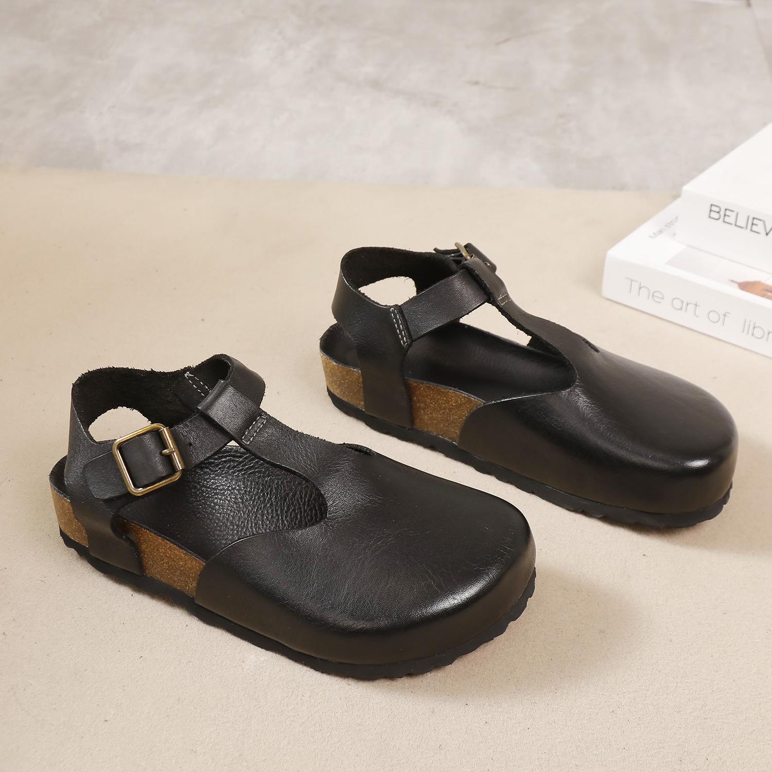 

GKTINOO 2025 Summer New Round Toe Back Strap Flat Sandals All Leather Soft Soled Cowhide Retro Women s Shoes 40 чёрный