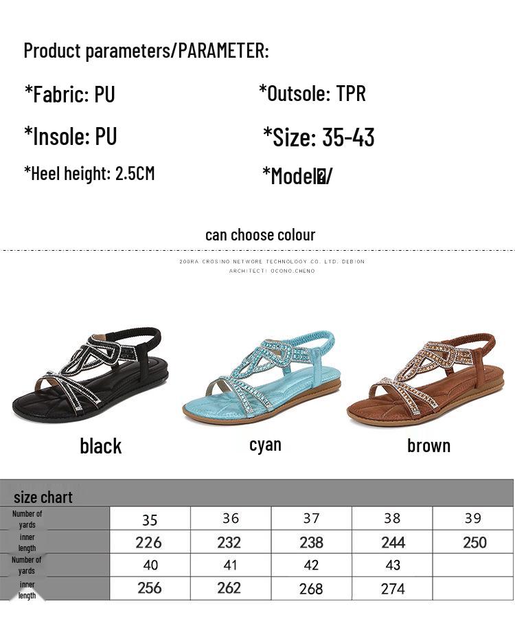 IELTS Run Plus Size Rhinestone Bohemian Sandals - Women's Summer Flat Hollow-Out Shoes