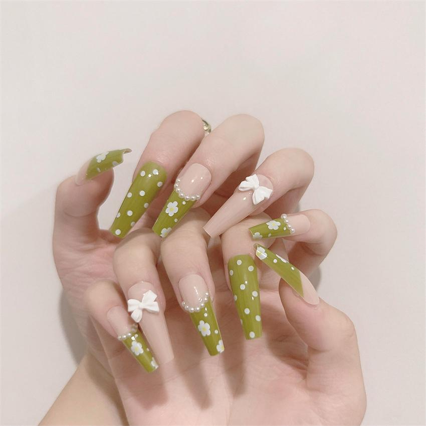 24Pcs Goose Yellow Cream Flower French Acrylic Press On Nails Full Coverage Removable False Nail Art Tips