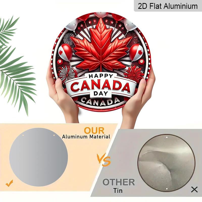 2D Flach, 1 Stück Patriotisches Kanada-Tag Runde Aluminium-Metallschild, „Happy Canada Day“ Rotes Ahornblatt & Feuerwerk Design, Langlebige Wasserdichte Dekoration, Perfekt
