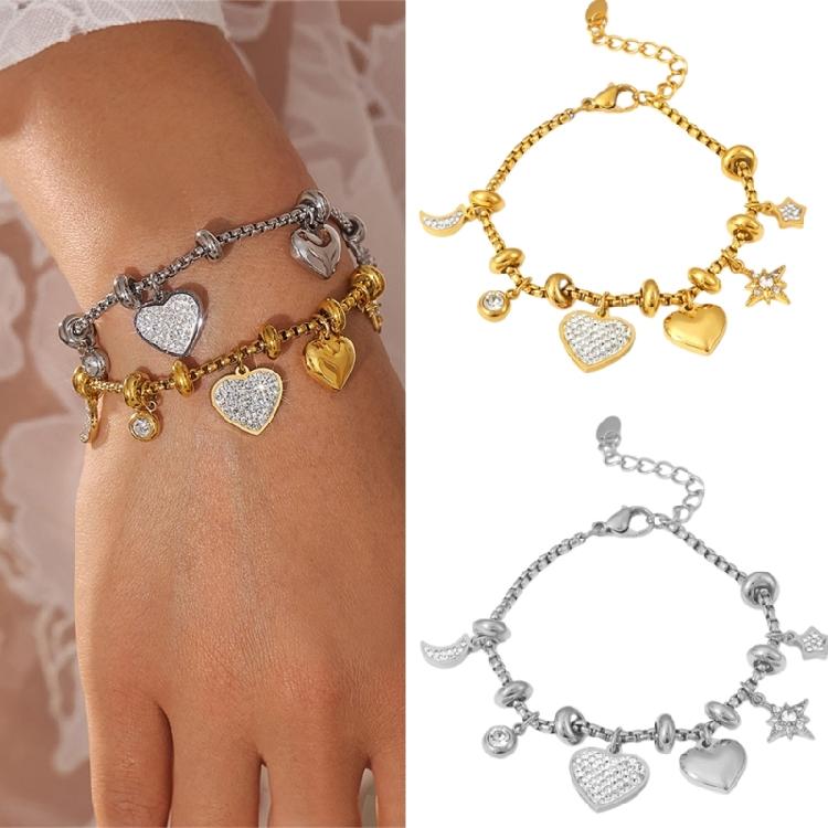 Women's Heart Charm Bracelet In 18k Gold Plated Sturdy Stainless Steel Adorned with Stylish Zircon Materials Use
