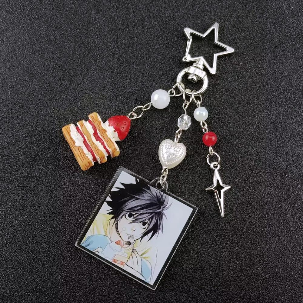 Handmade Anime Death Note L Lawliet Cake Beaded Keychain Bag Charms Aesthetic Handbag Pendant Key Ring Christmas Gift
